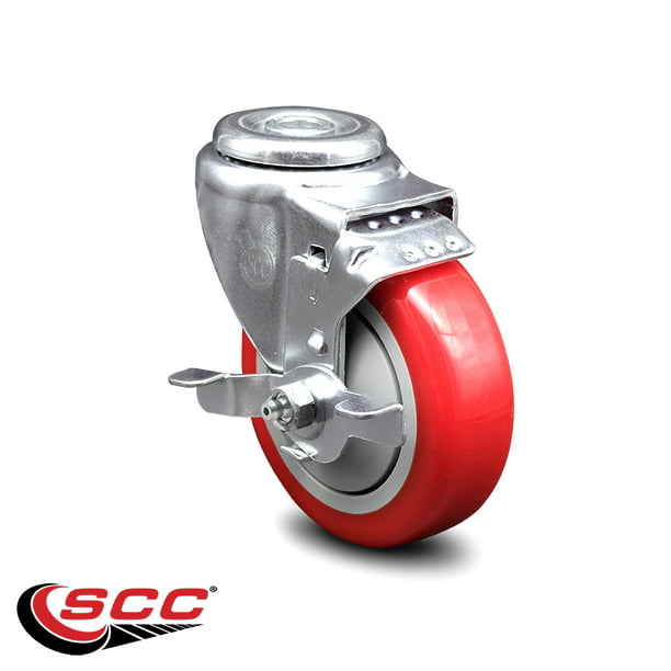 250 lbs Capacity/Caster Red Polyurethane Swivel Bolt Hole Caster w/3.5 x 1.25 Wheel & Total Locking Brake Service Caster Brand 